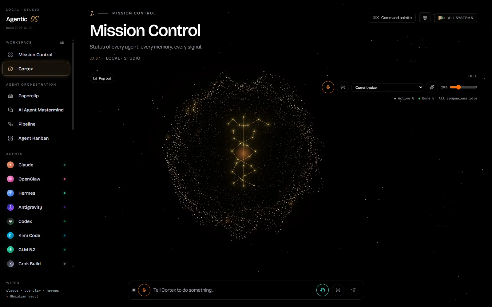 The Cortex orb tab in the running build: a golden particle orb with a constellation sigil at its core, the agent roster in the sidebar, and a voice bar reading 'Tell Cortex to do something…'.