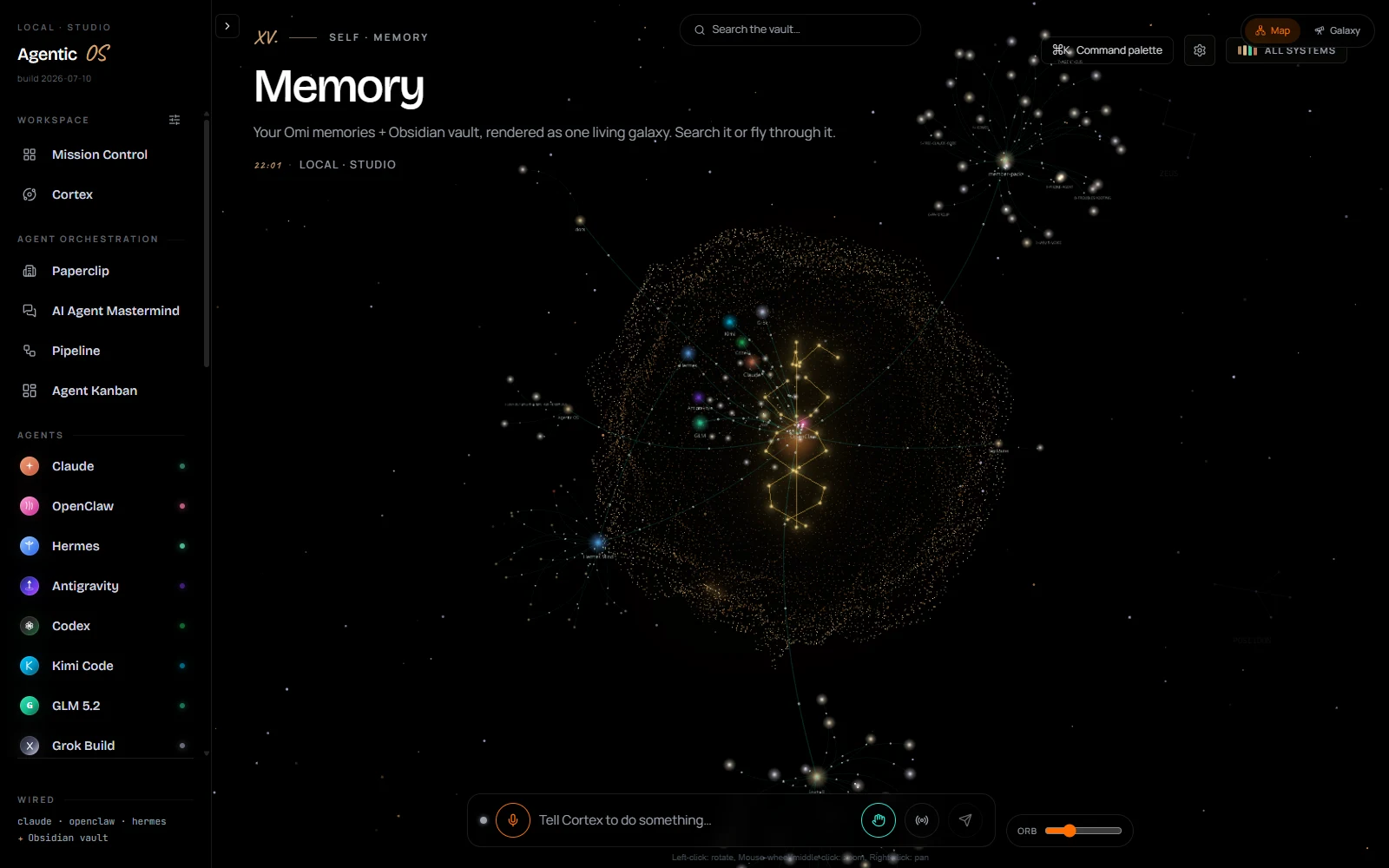 The Neural Map screen of the running Cortex build: the memory vault rendered as a golden galaxy of connected stars, agent roster in the left sidebar, voice bar below.