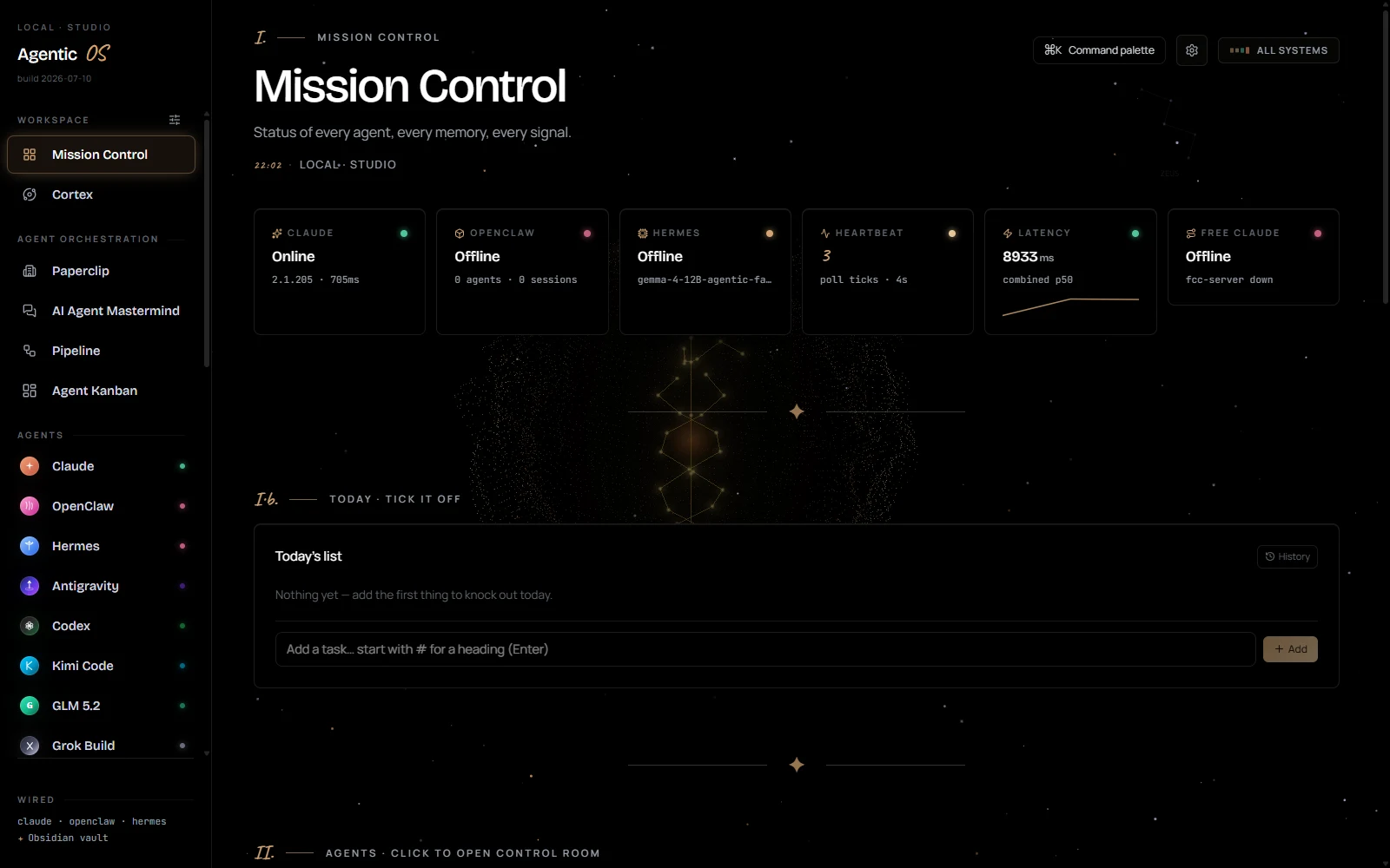 Mission Control in the running build: live status cards — Claude online, OpenClaw, Hermes, heartbeat, latency — above today's task list on a starfield.